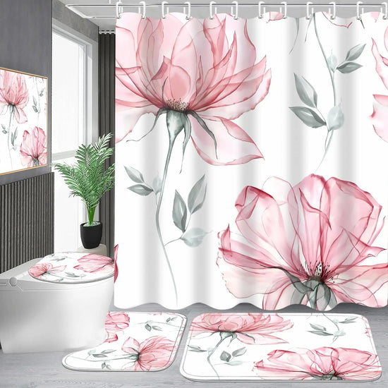 4-Piece Pink Flowers Shower Curtain Set